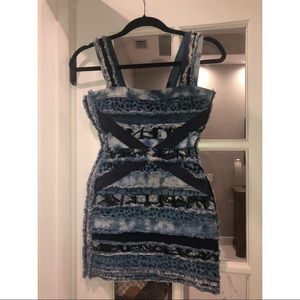 Herve Leger Denim Blue Batik Patchwork Dress